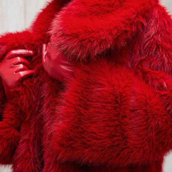 Red Casual Women's Faux Fur Jacket Coat - Picture 8 of 8